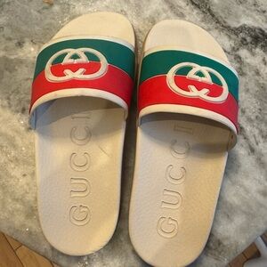 Gucci Cream Slides with Green and Red Striped Strap